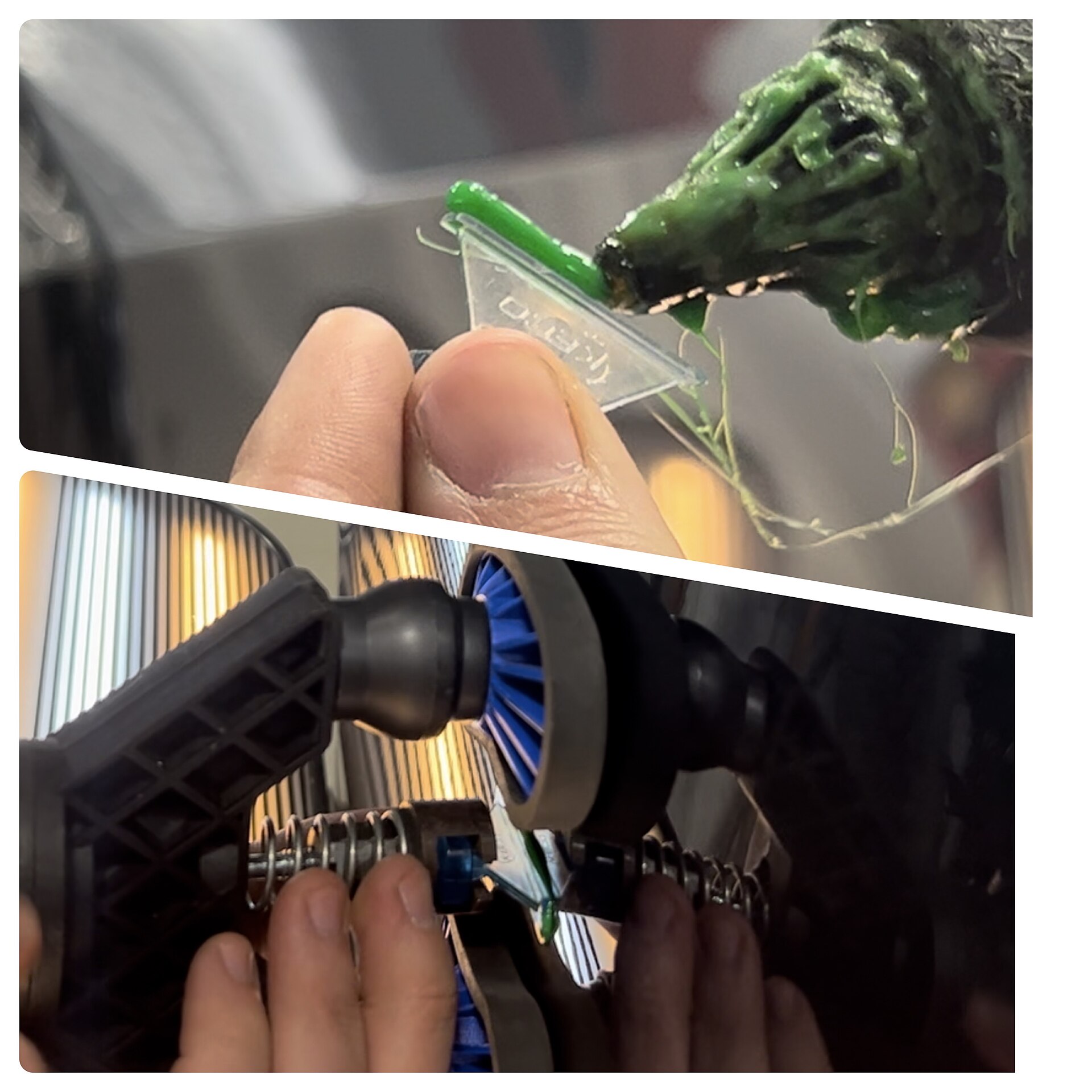 A hot-glue tab being set on a car panel and a glue-pull lifter bridge drawing the dent back out
